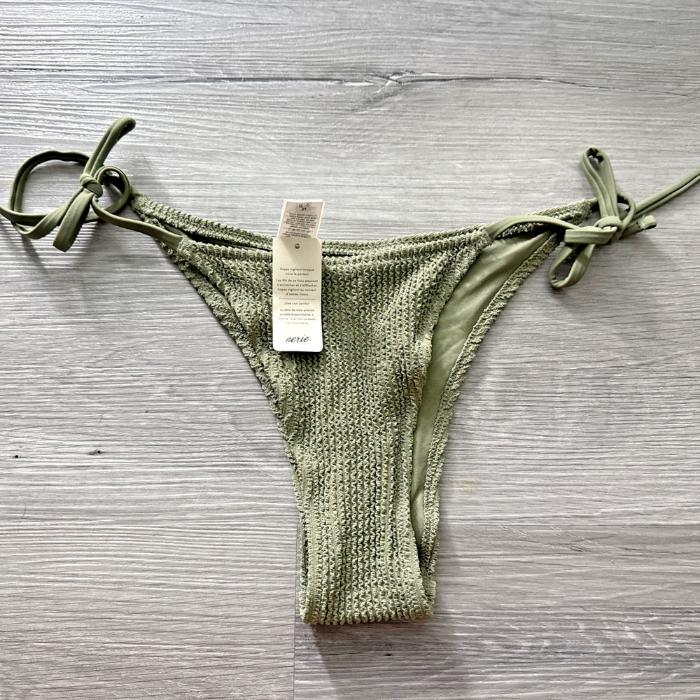 Aerie Crinkle Cheekiest Tie Bikini Swim Bottoms, Green, XS